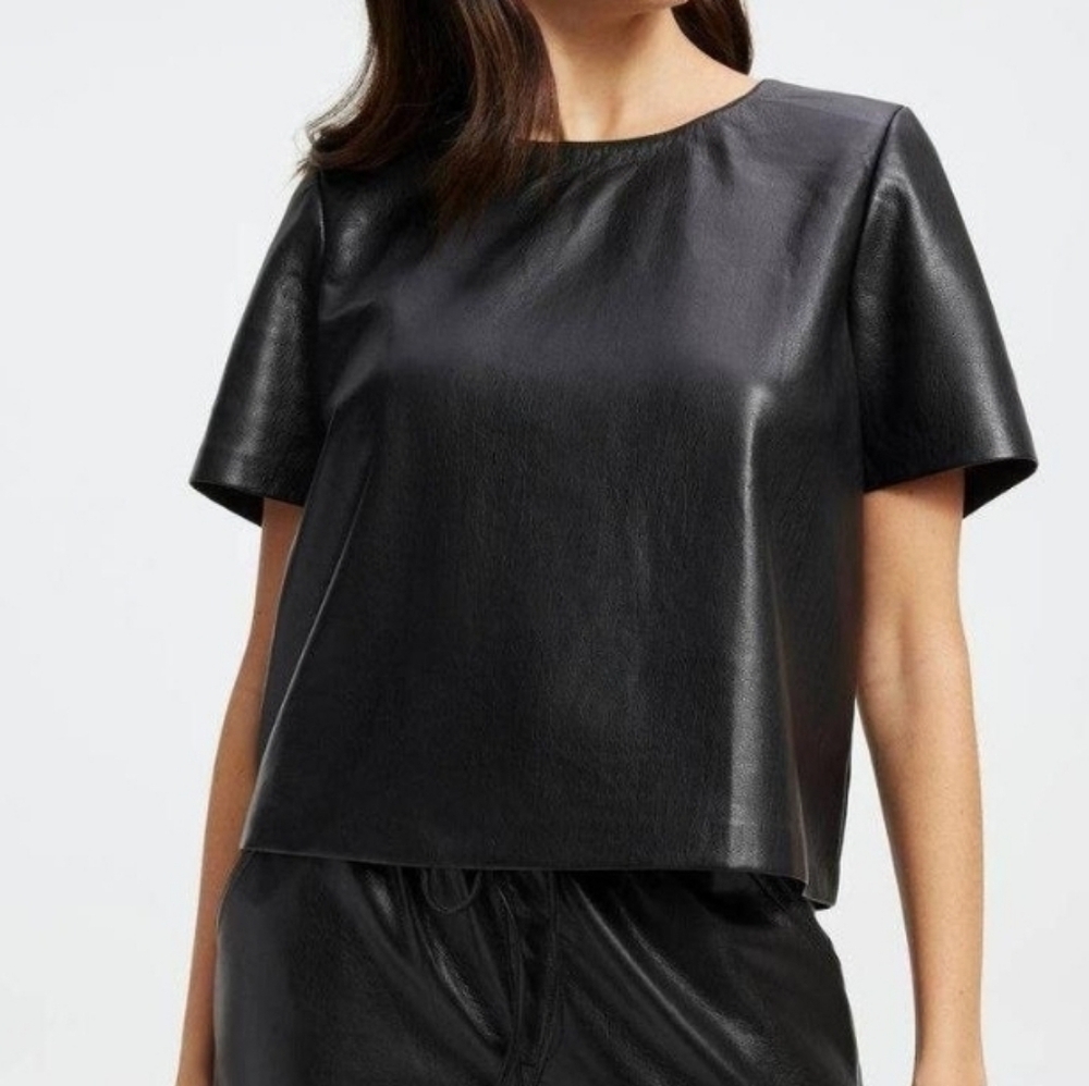 Good American Black Short Sleeve Faux Leather Top